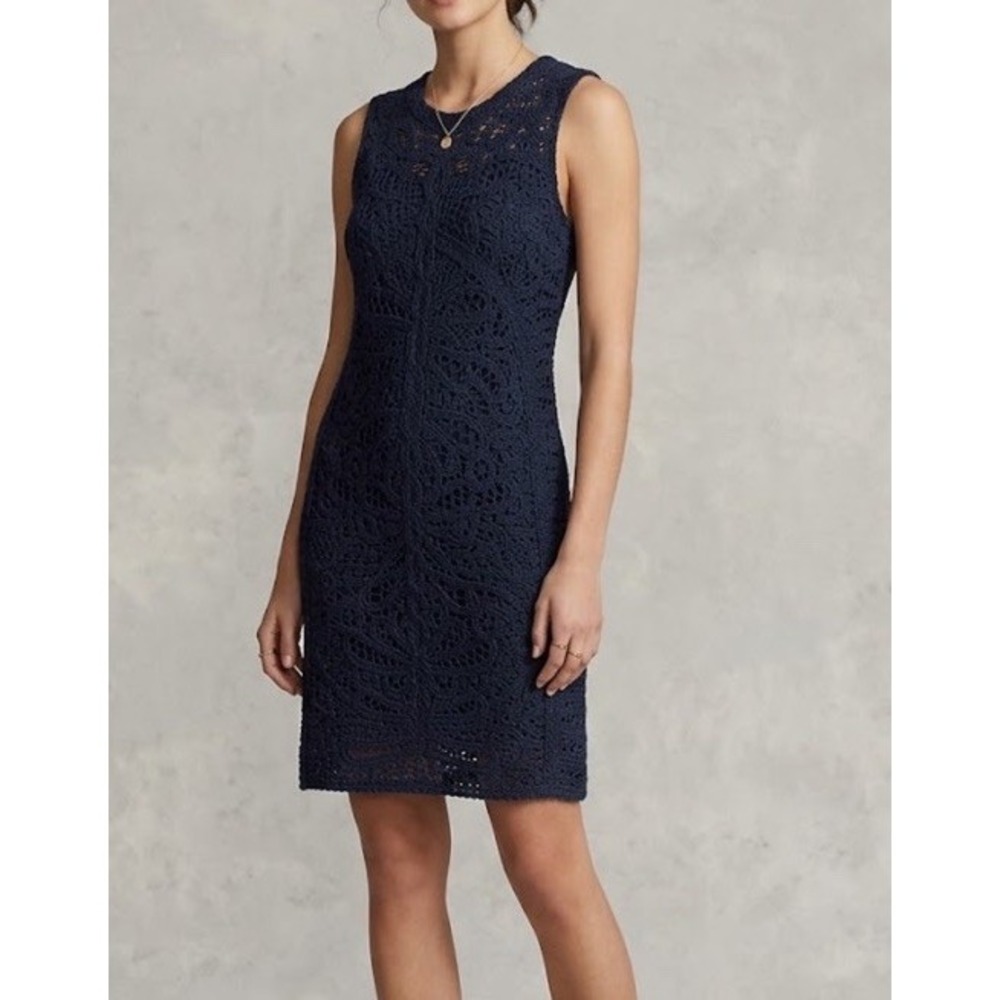 Brooks Brothers Navy Blue Cotton Crochet Shift Dress Size Medium Preppy Coastal